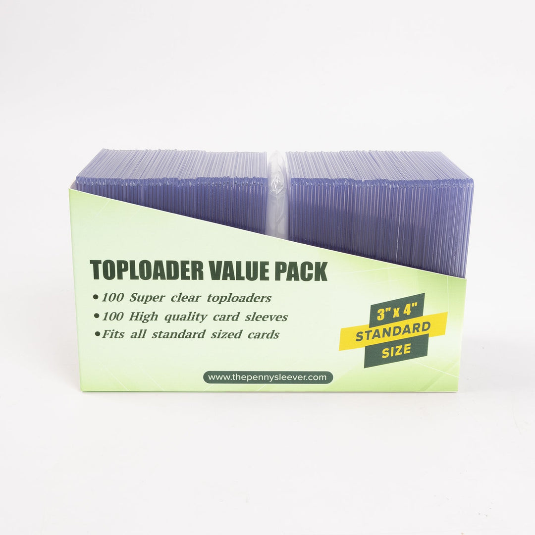 Side view of a 100 count combo pack of toploaders and card sleeves from The Pennysleever.