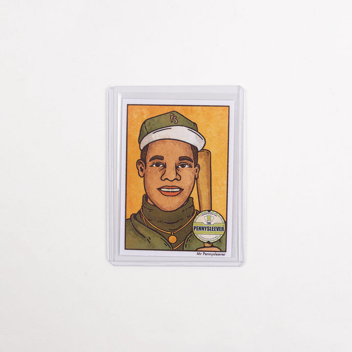 Front view of a card in a 35 point toploader against a white background.
