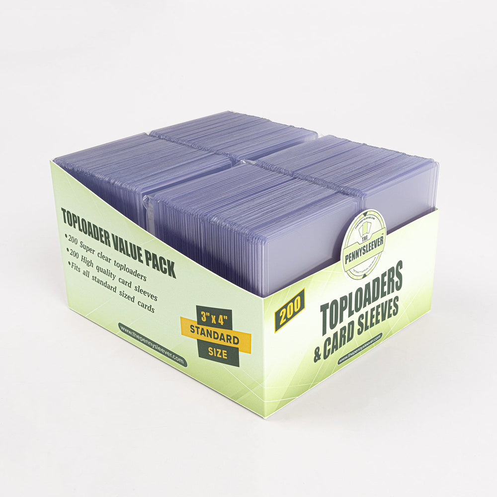 45 degree right angle of a 200 count pack of toploaders and card sleeves from The Pennysleever, against a white background.