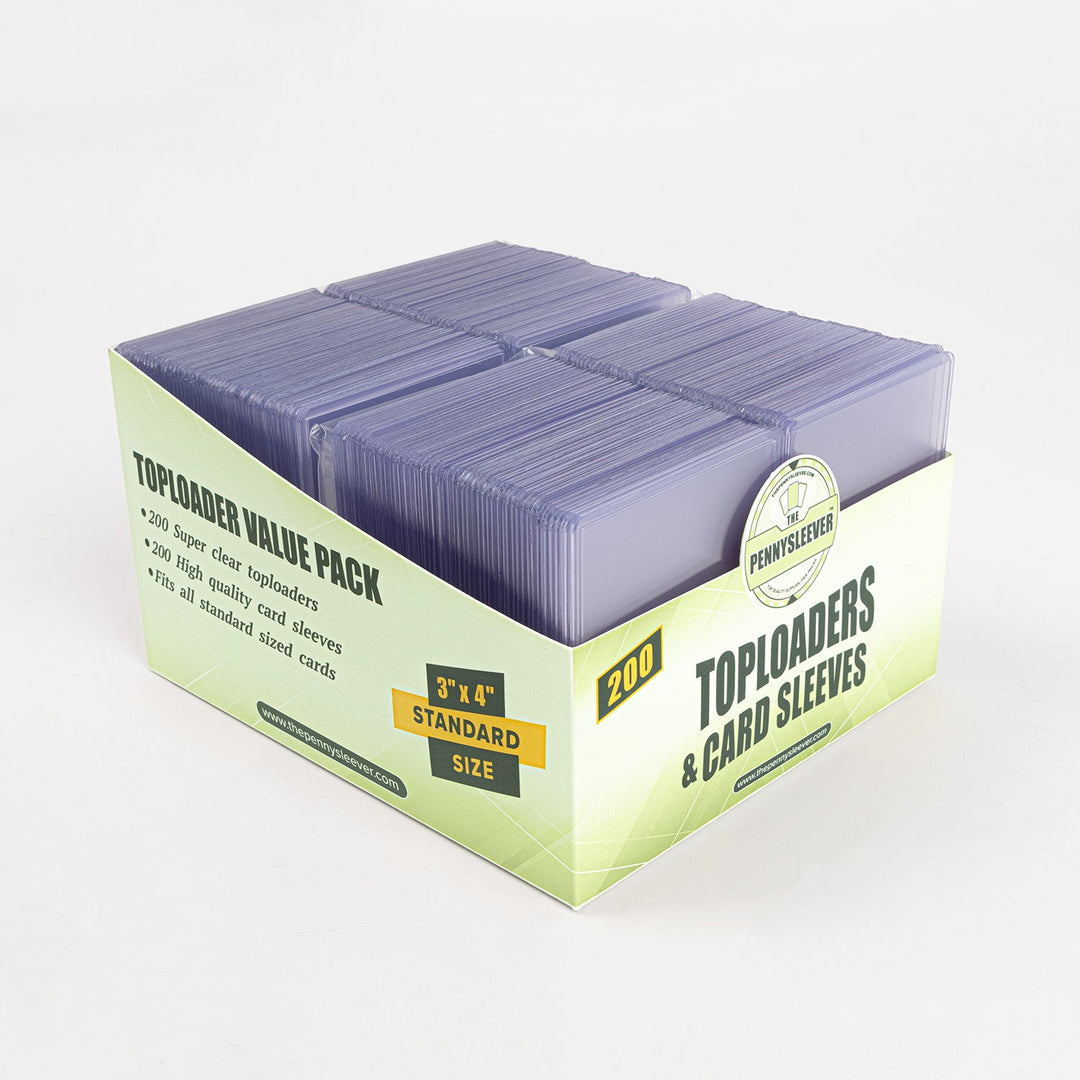 45 degree right angle of a 200 count pack of toploaders and card sleeves from The Pennysleever, against a white background.