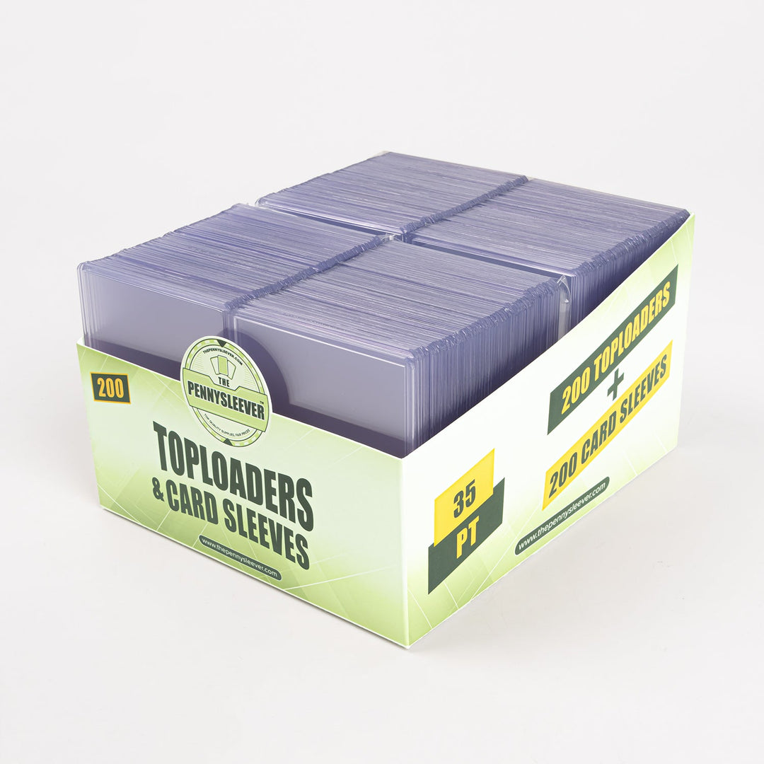 Front view of a 200 count pack of 35 point toploaders and standard penny sleeves, at a 45 degree angle.