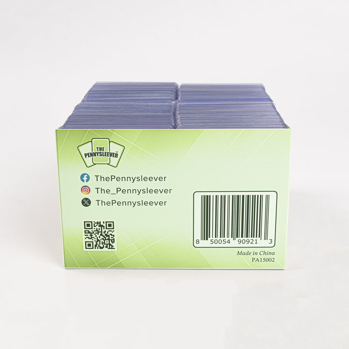 Rear view of a box of 200 count 35 point toploaders and standard card sleeves from The Pennysleever.