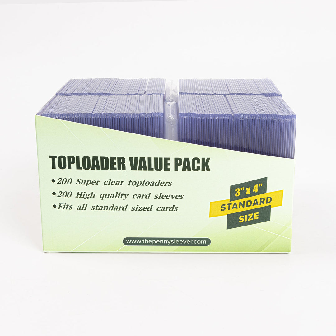 Side view of a 200 count box of 35 point toploaders and standard card sleeves from The Pennysleever.