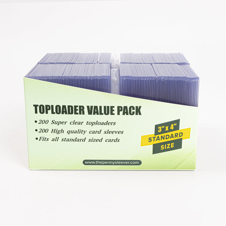 Side view of a 200 count box of 35 point toploaders and standard card sleeves from The Pennysleever.