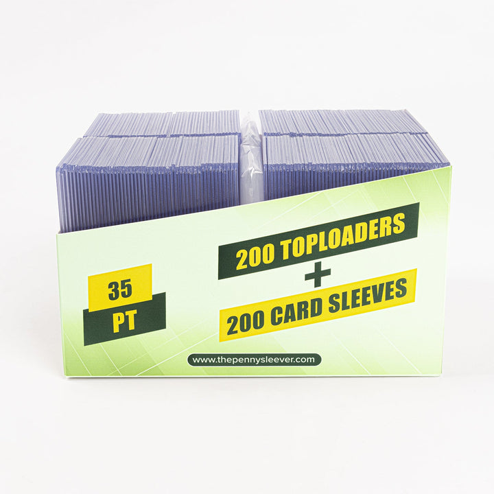 Side view of a 200 count box of 35 point toploaders and standard card sleeves.