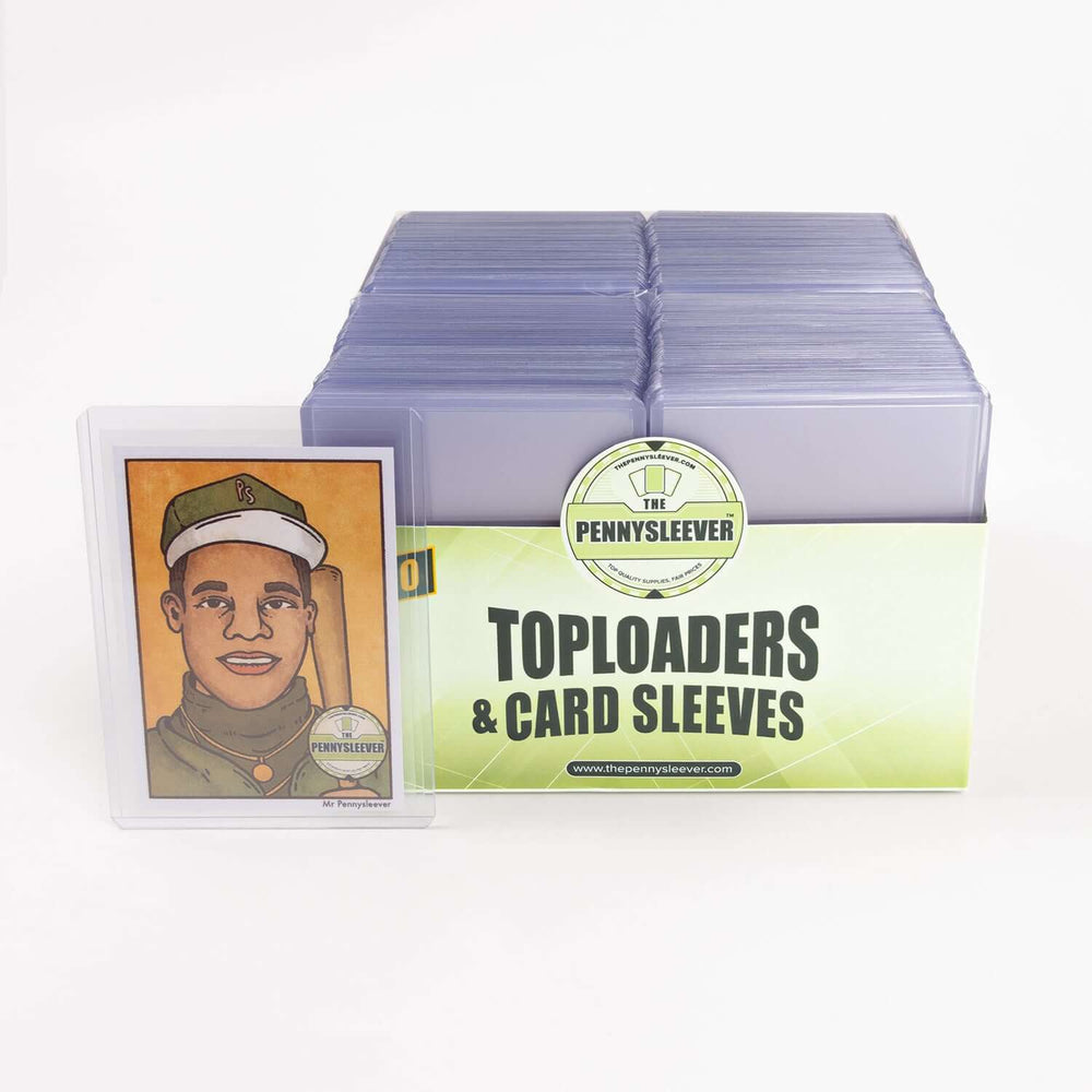 Front view of a box of 200 toploaders and card sleeves against a white backdrop.