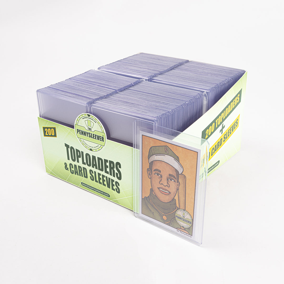 front view of a pack of 200 toploaders and card sleeves at a 45 degree left angle against a white backdrop.