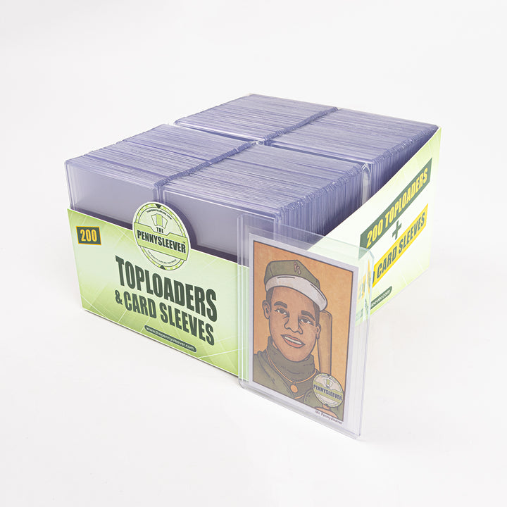 front view of a pack of 200 toploaders and card sleeves at a 45 degree left angle against a white backdrop.
