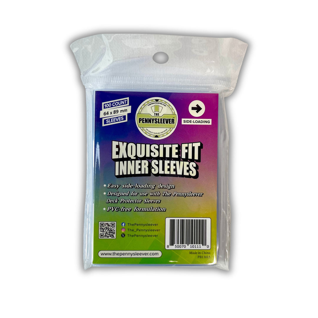 A pack of The Pennysleever 'Exquisite Fit Inner Sleeves' Side-Loading with colorful labels on a white background.