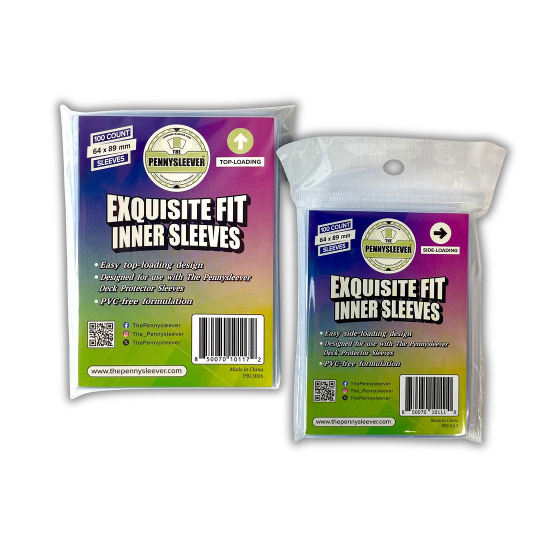 Two packages of The Pennysleever 'Exquisite Fit Inner Sleeves' (100 count) Top-Loading and Side-Loading with colorful labels on a white background.