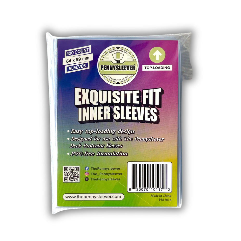 A pack of The Pennysleever 'Exquisite Fit Inner Sleeves' Top-Loading with colorful labels on a white background.