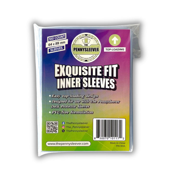 A pack of The Pennysleever 'Exquisite Fit Inner Sleeves' Top-Loading with colorful labels on a white background.