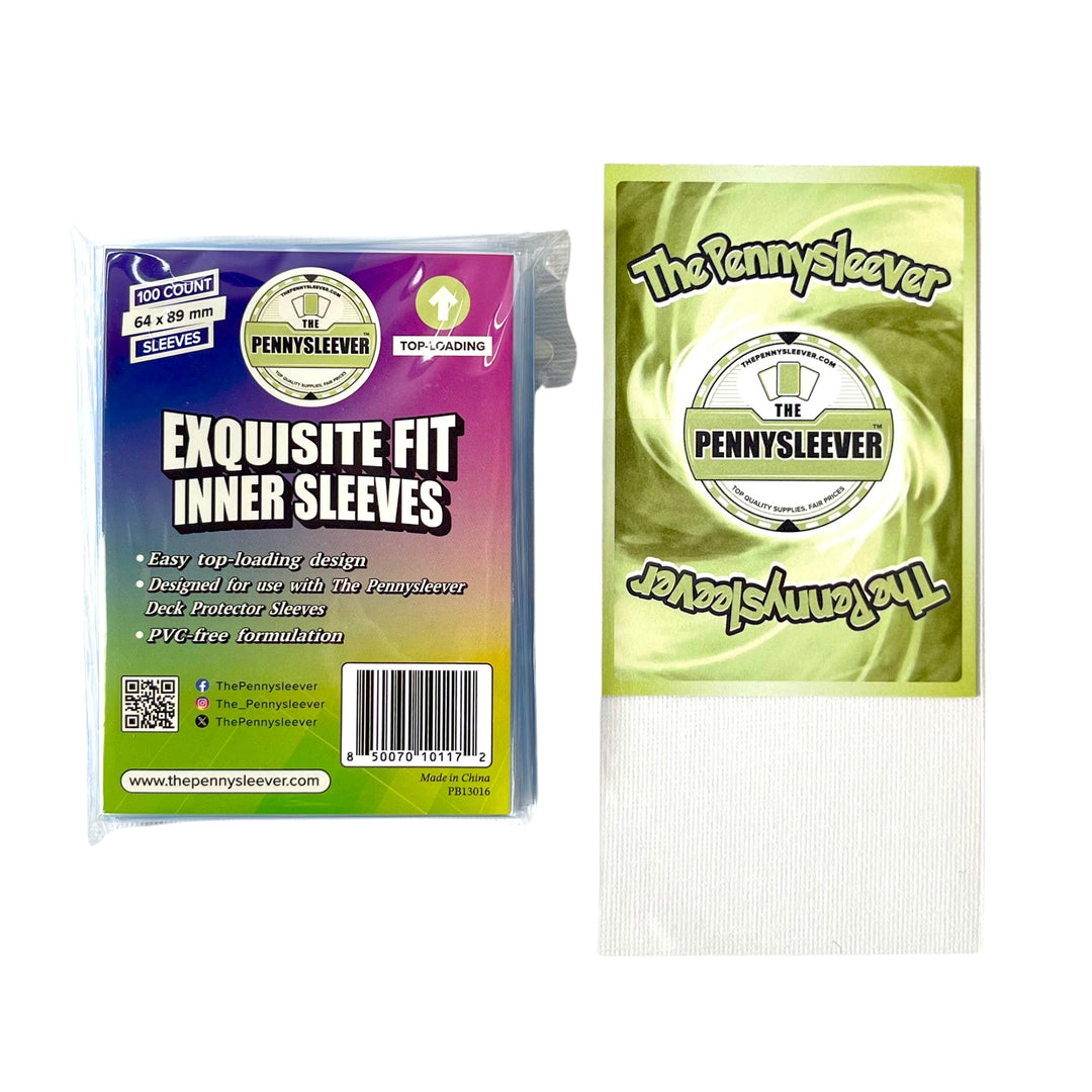 Pack of The Pennysleever Exquisite Fit Inner Sleeves Top-Loading with brand logo on a white background