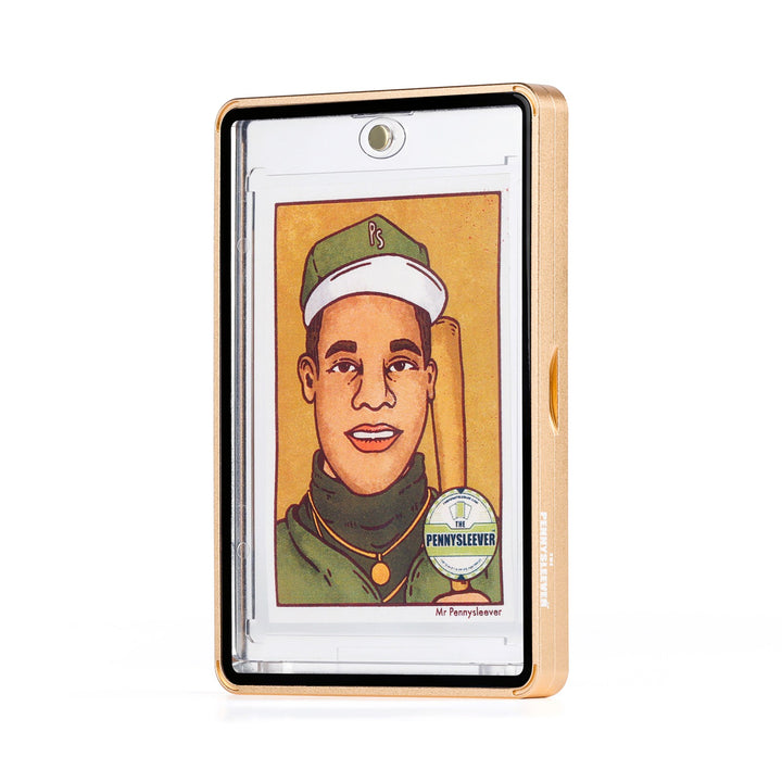 A clear Color Frame 35pt Magnetic Card Holder Aluminum protective case with a subtle-shiny rose gold border, shown upright on a white background. Inside the case is a custom portrait of a baseball player &