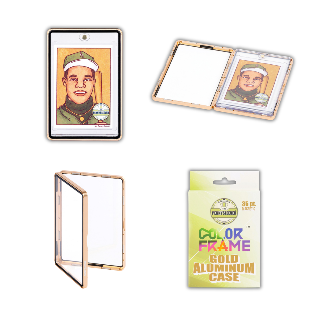 Four views of a subtle, rose gold aluminum case for 35pt Magnetic Card holder on a white background, including one with a custom &