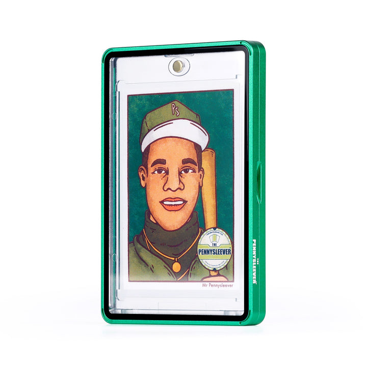A clear Color Frame 35pt Magnetic Card Holder Aluminum protective case with a shiny forest green border, shown upright on a white background. Inside the case is a custom portrait of a baseball player &