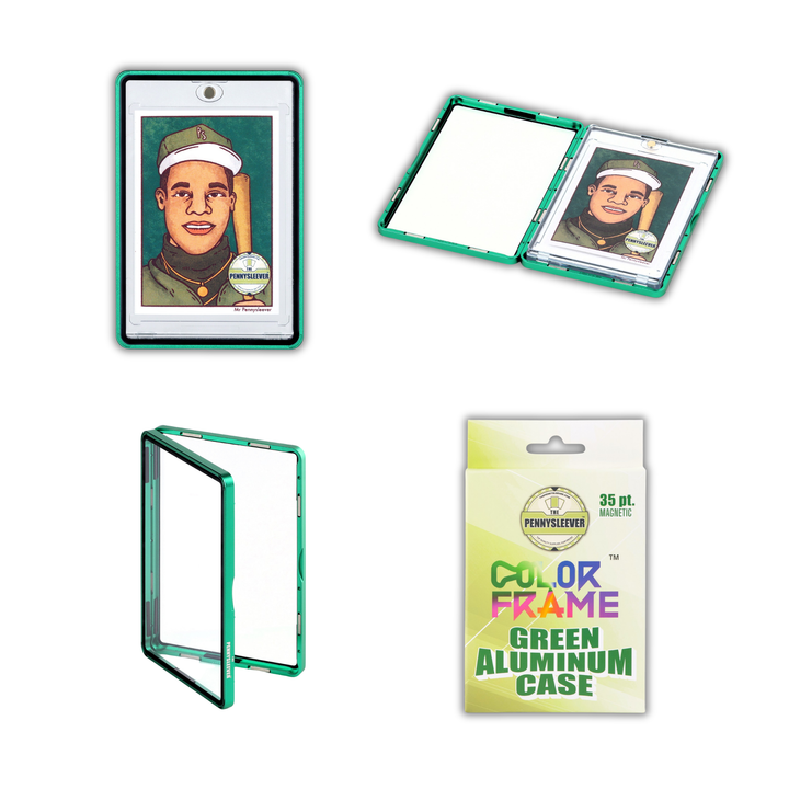 Four views of a shiny forest green aluminum case for 35pt Magnetic Card holder on a white background, including one with a custom &