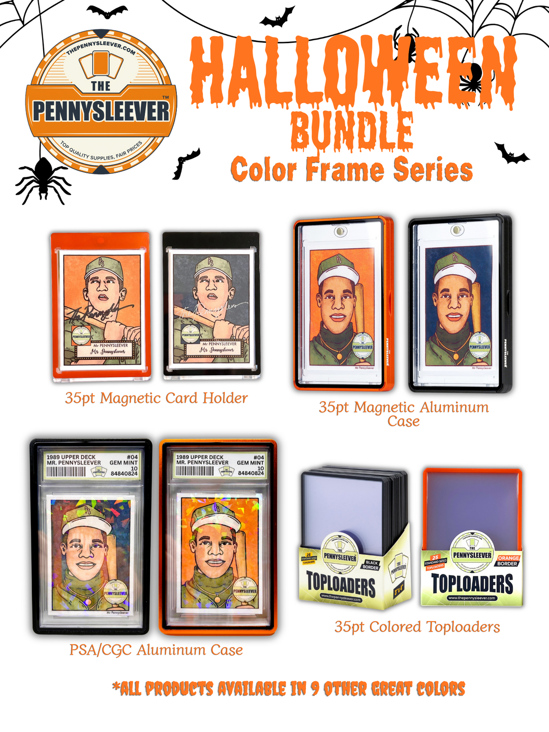 An orange and black poster featuring a Halloween theme, advertising the Pennysleever's Halloween Bundle products consist of 35pt Magnetic Card Holders, 35pt Magnetic Aluminum Cases, PSA/CGC Aluminum Cases, and 35pt Colored Toploaders.
