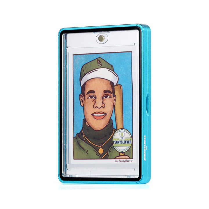 A clear Color Frame 35pt Magnetic Card Holder Aluminum protective case with a shiny light blue border, shown upright on a white background. Inside the case is a custom portrait of a baseball player &