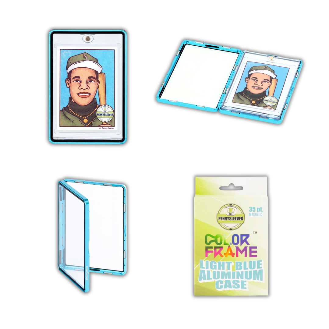 Four views of a shiny and striking light blue aluminum case for 35pt Magnetic Card holder on a white background, including one with a custom &
