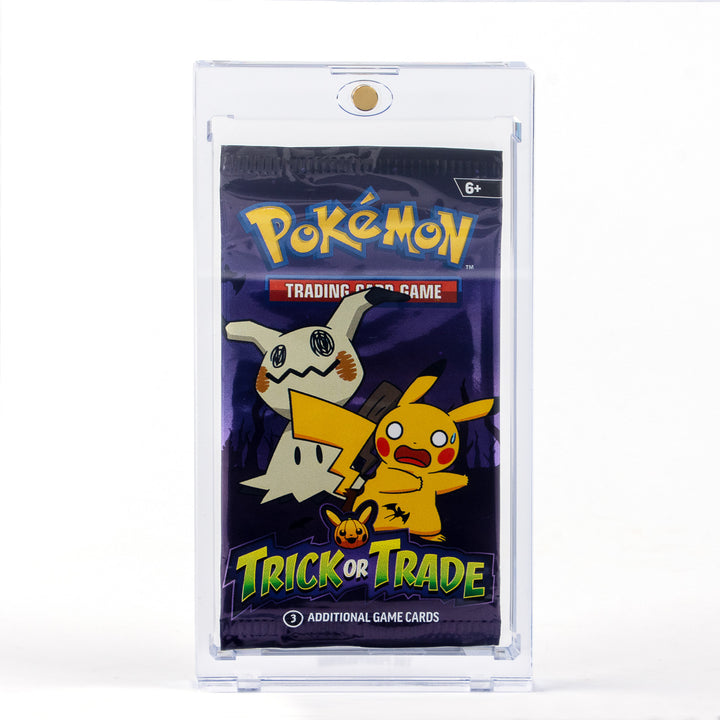 Pokémon trading card game pack in a magnetic card holder from The Pennysleever on a white background