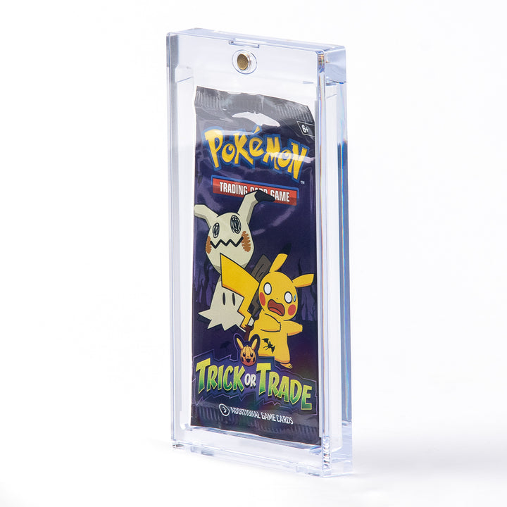 Pokémon trading card game pack with clear protective case on a white background