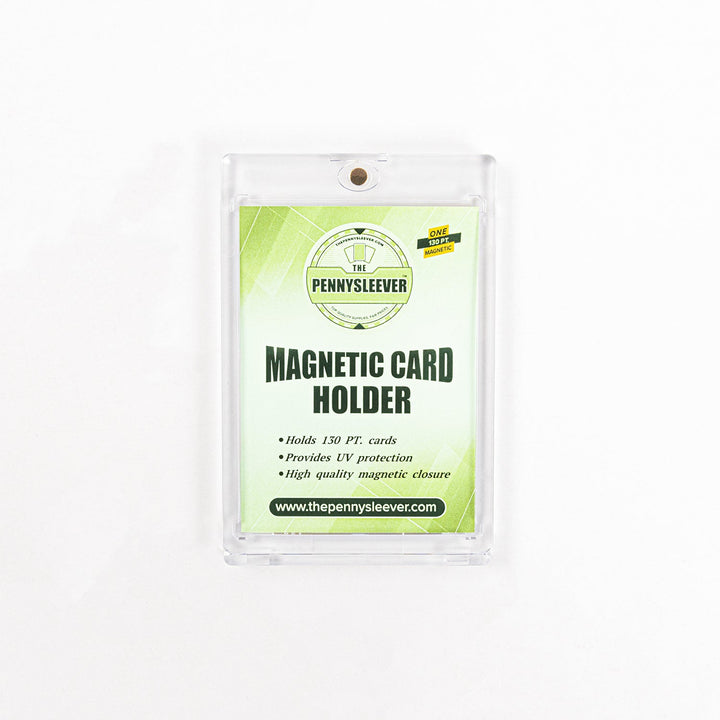 Front view of a 130 point magnetic card holder with label against a white background.