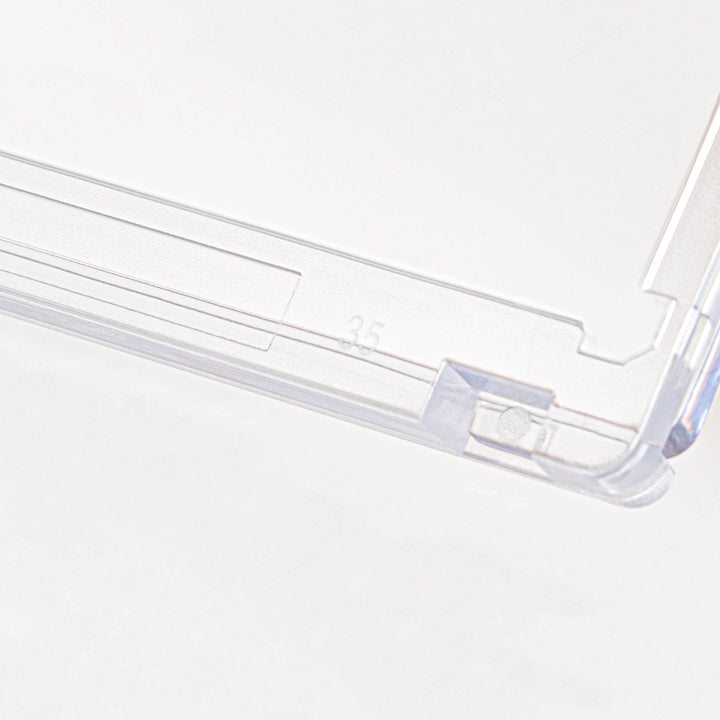 Lower back corner of a 35 point magnetic card holder against a white background.