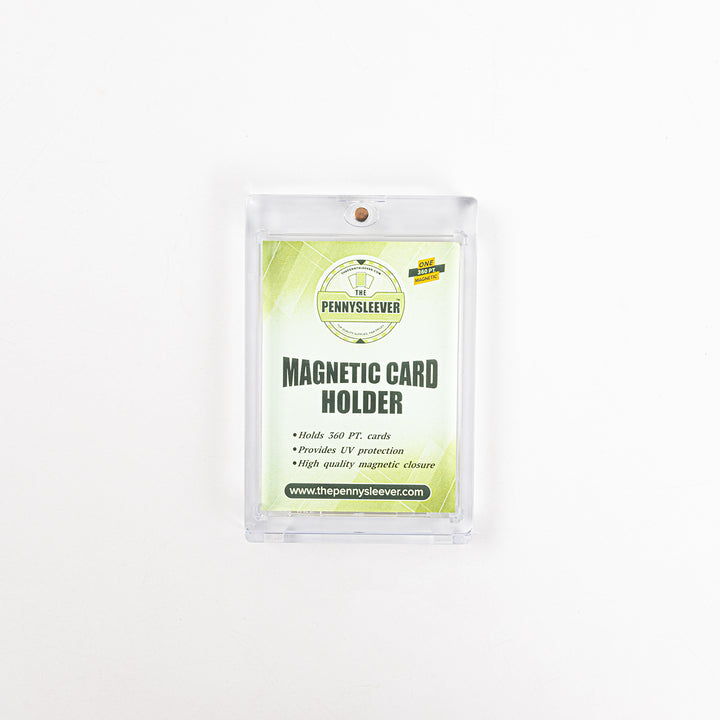 Front view of a 360 point magnetic care holder with a label against a white background.
