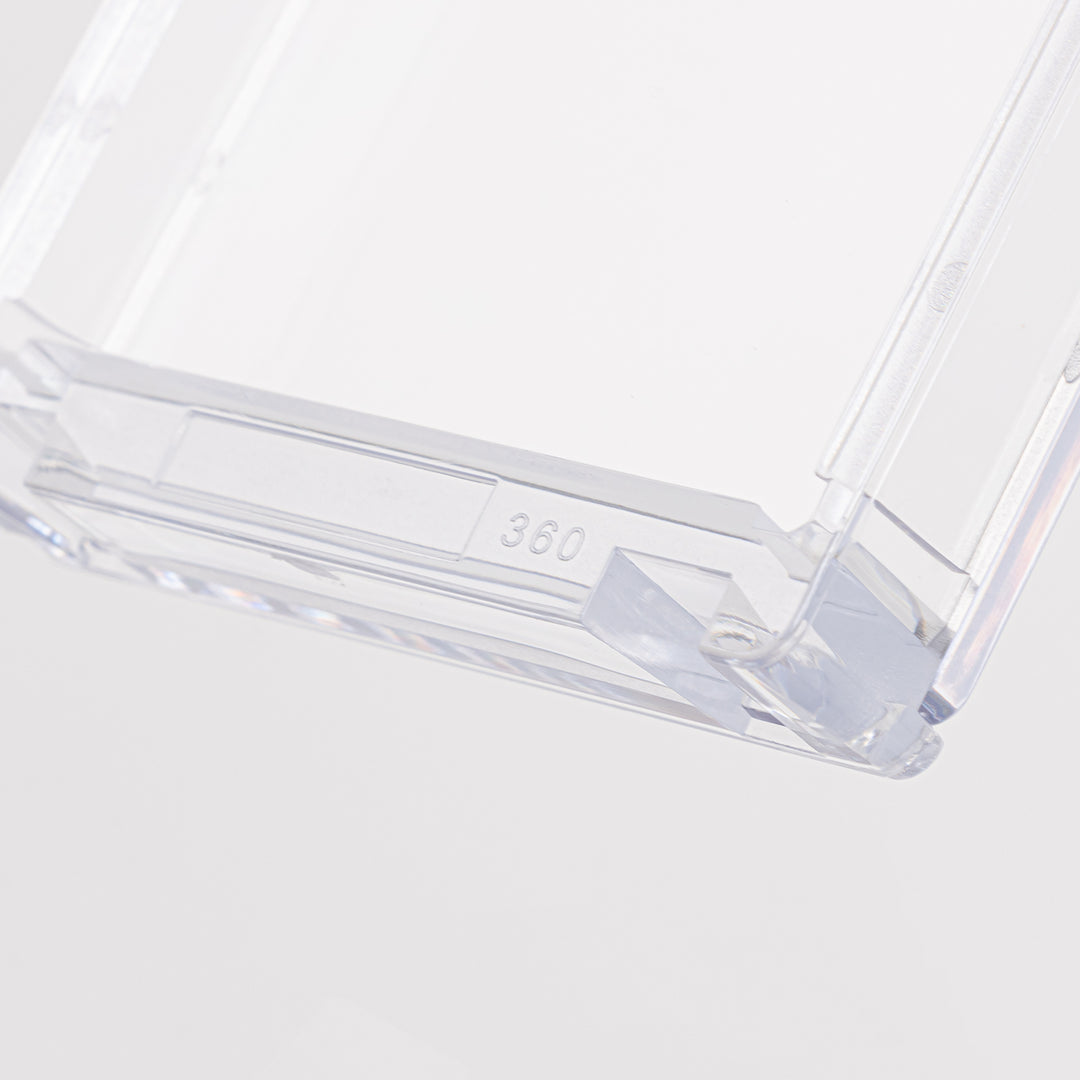 Close-up of the right corner of a 360 point magnetic card holder against a white backdrop.