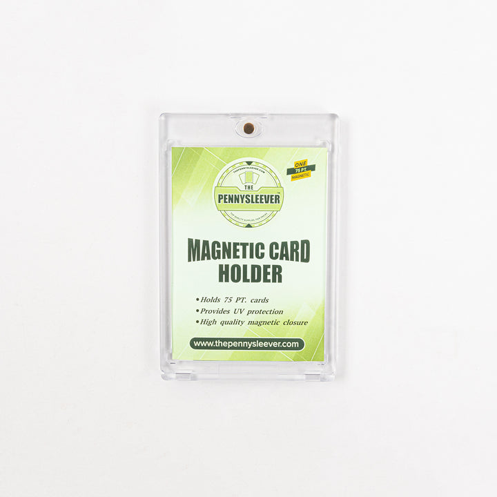 Front view of 75 point magnetic card holder with a label against a white background.