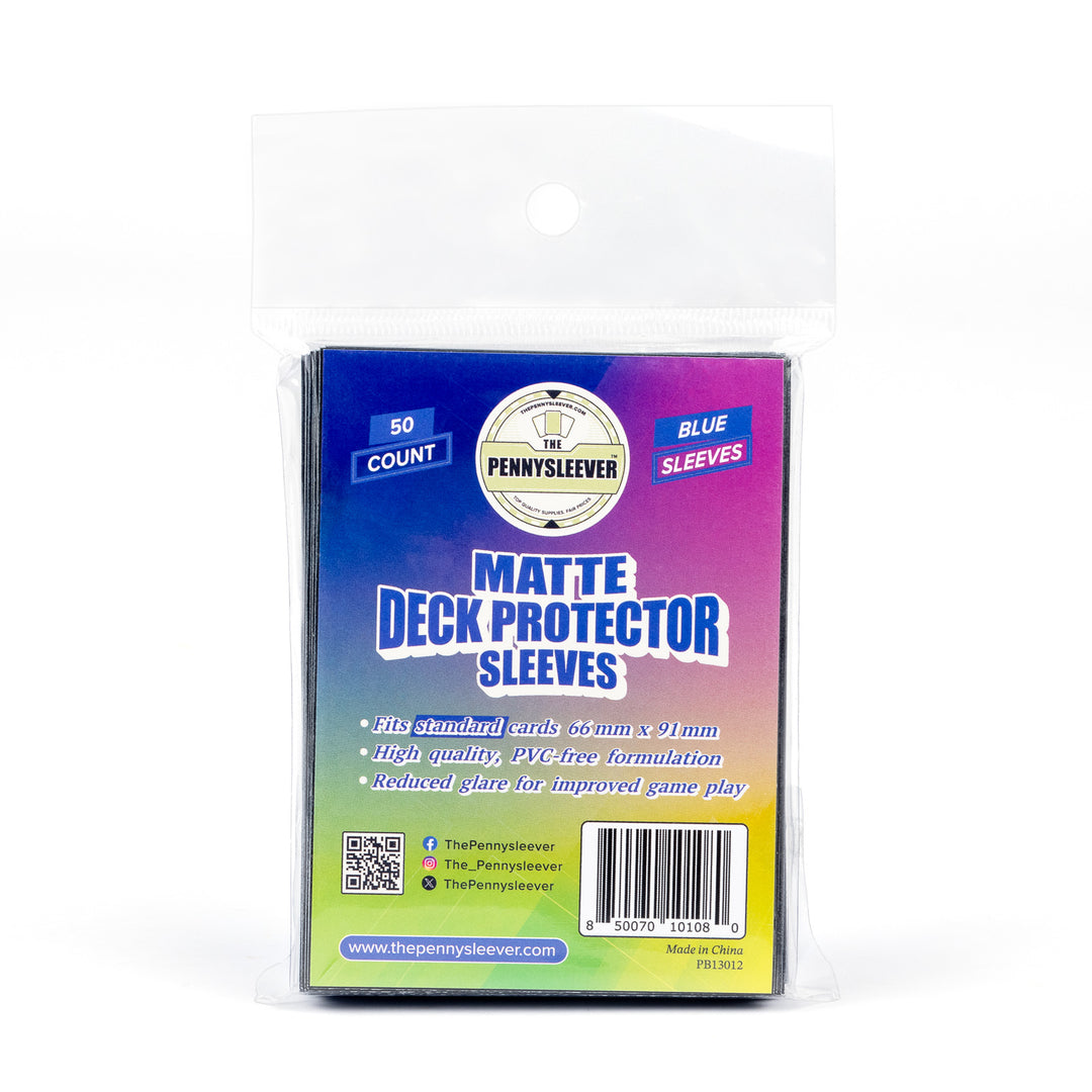 Pack of matte deck protector sleeves with colorful packaging on a white background