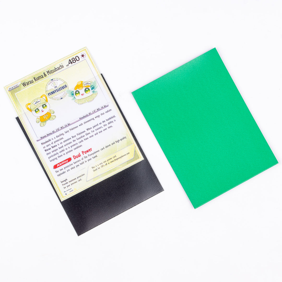 Card with a green deck protector on a white background