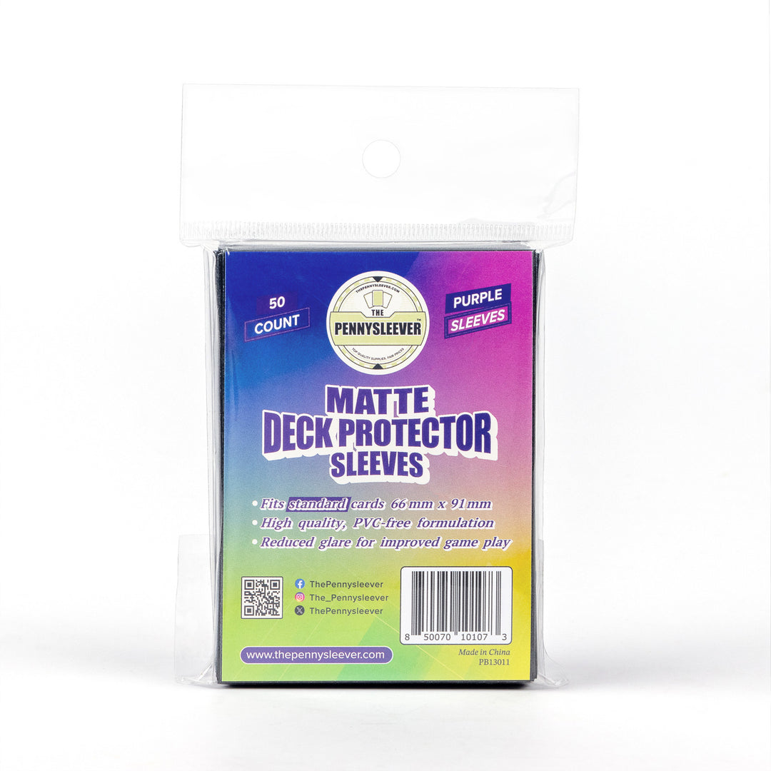 Pack of matte deck protector sleeves with colorful packaging on a white background