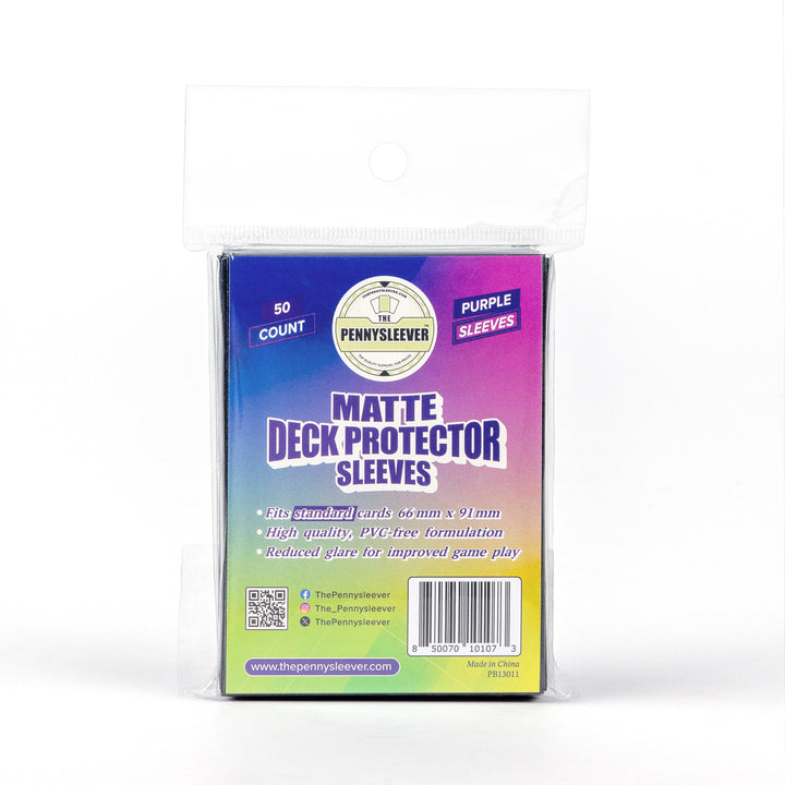 Pack of matte deck protector sleeves with colorful packaging on a white background