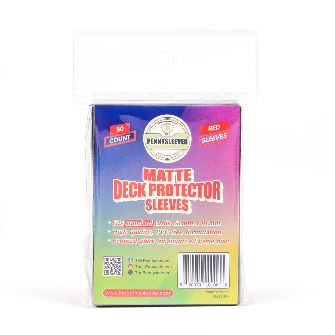 Pack of matte deck protector sleeves with colorful packaging on a white background