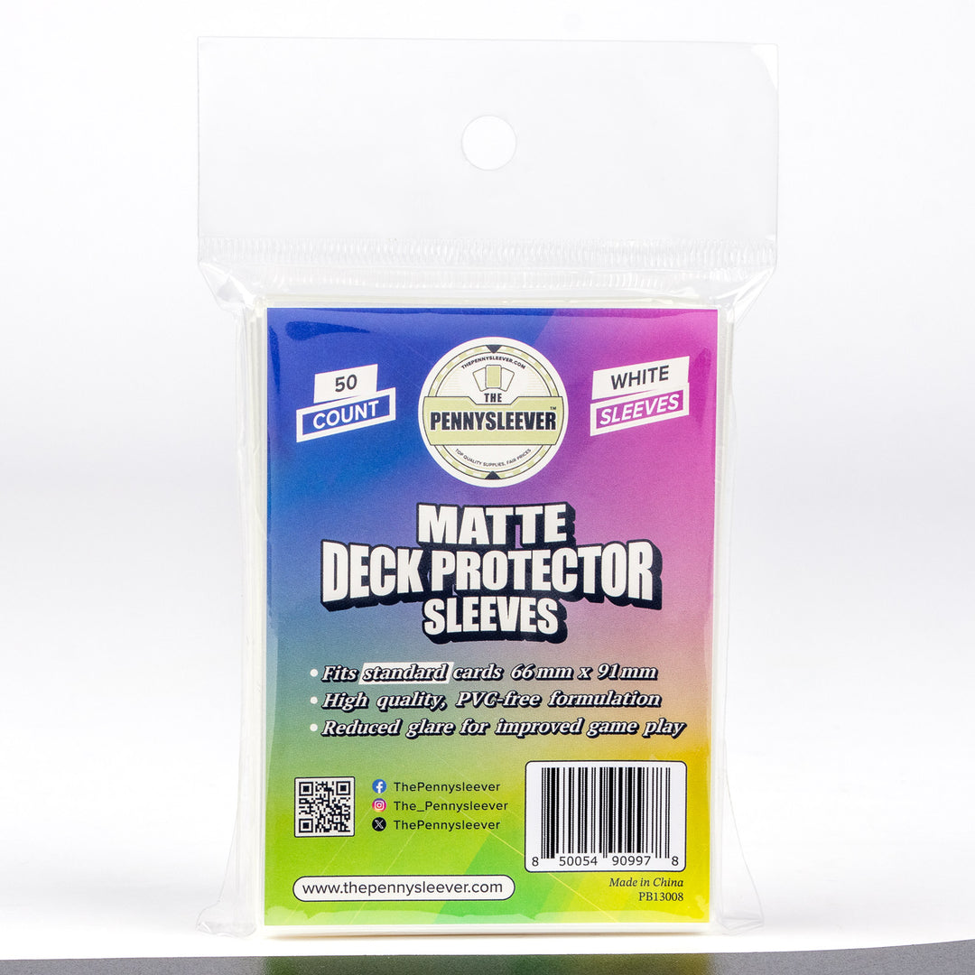 Pack of matte deck protector sleeves with colorful packaging on a white background