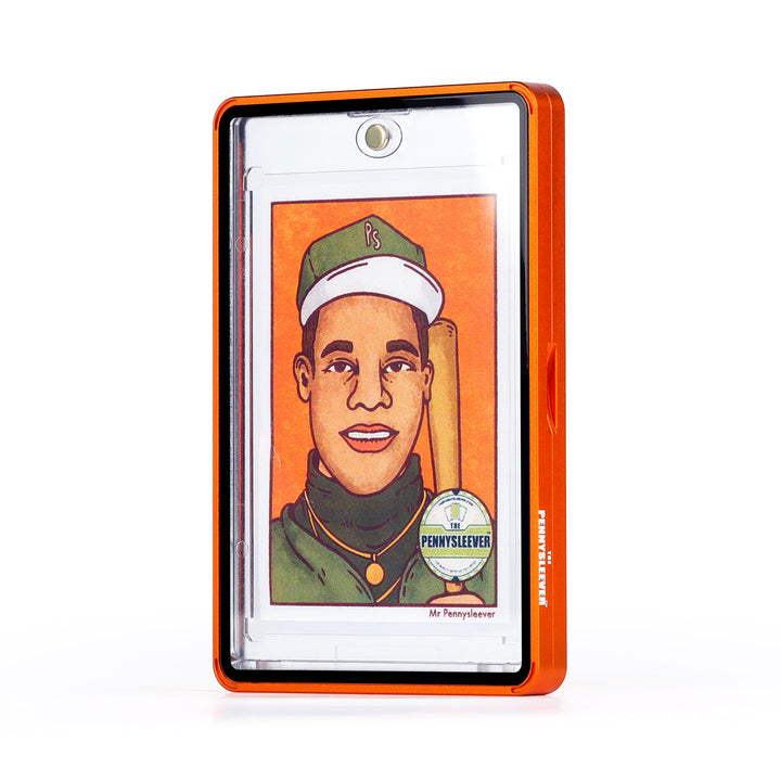 A clear Color Frame 35pt Magnetic Card Holder Aluminum protective case with a shiny and striking bright orange border, shown upright on a white background. Inside the case is a custom portrait of a baseball player &