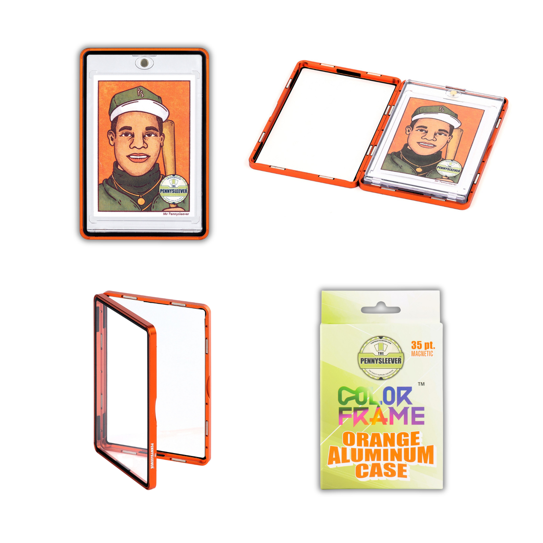 Four views of a shiny and striking bright orange aluminum case for 35pt Magnetic Card holder on a white background, including one with a custom &