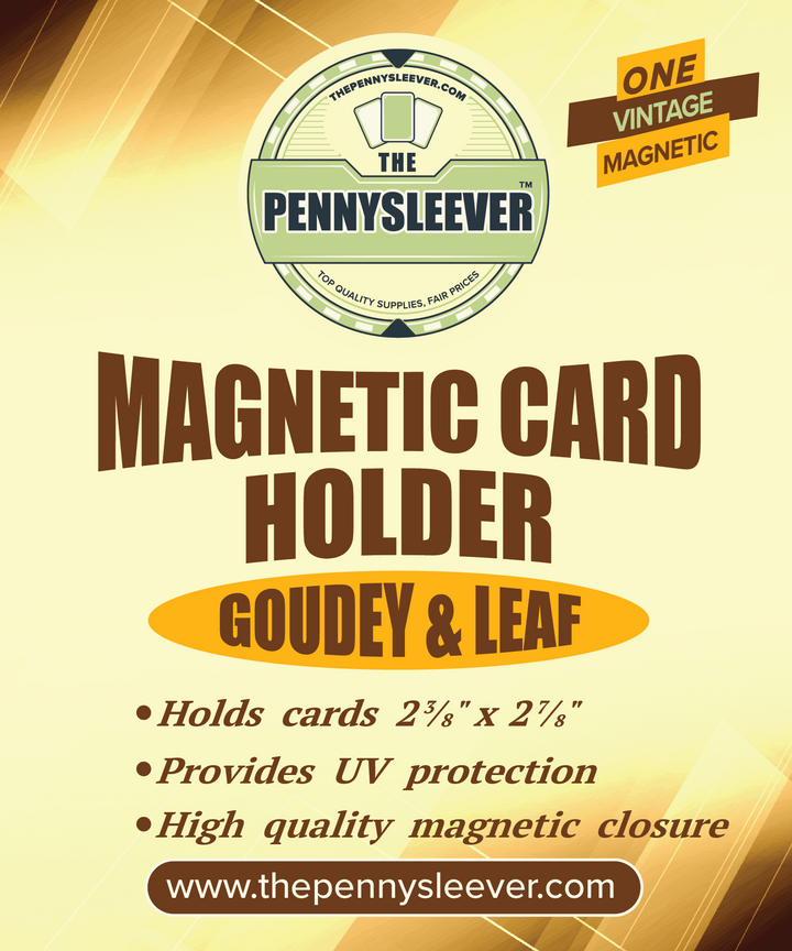 A label for a vintage magnetic card holder for Goudey and Leaf cards with a gold magnetized closure, and text detailing the product's function and features.