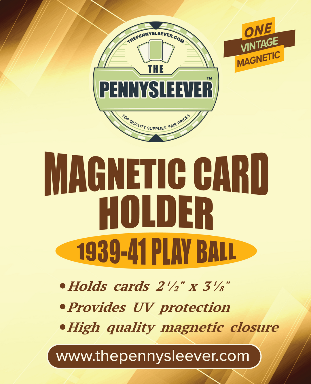 A label for a vintage magnetic card holder for 1939-1941 Play Ball cards with a gold magnetized closure, and text detailing the product's function and features.
