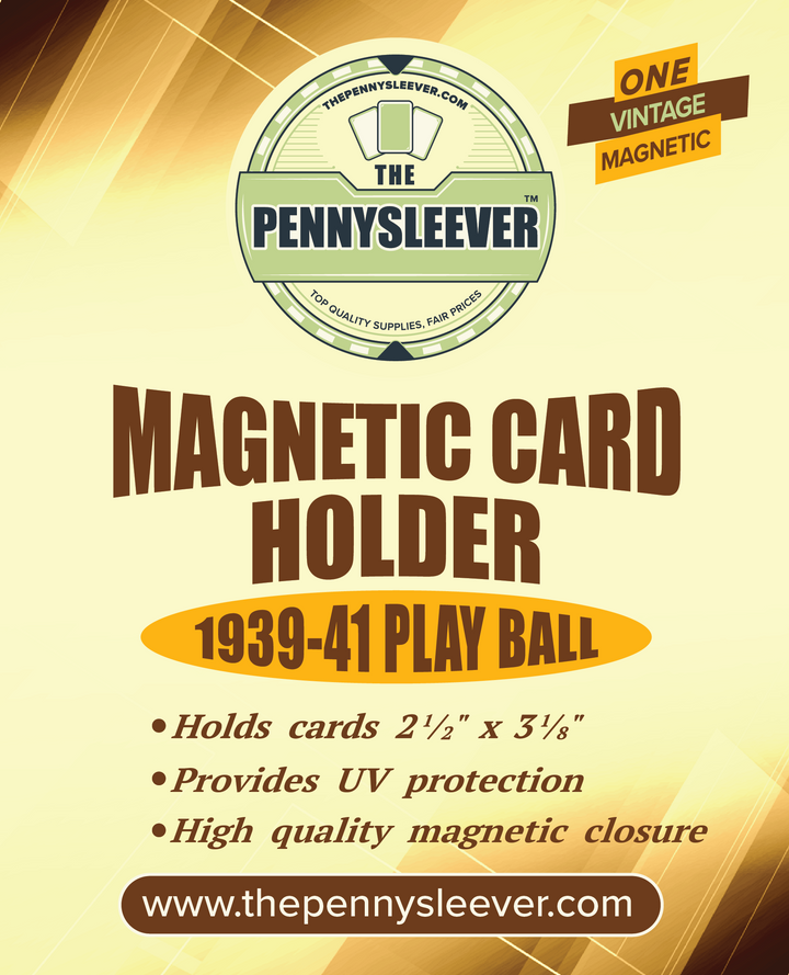 A label for a vintage magnetic card holder for 1939-1941 Play Ball cards with a gold magnetized closure, and text detailing the product's function and features.