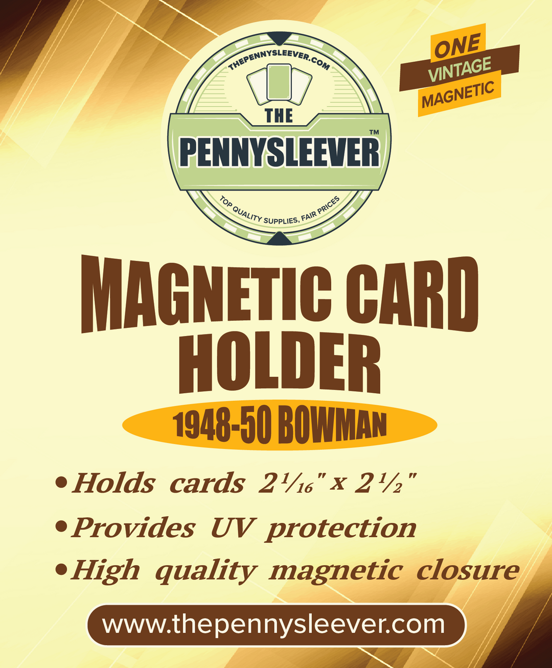 A label for a vintage magnetic card holder for 1948-1950 Bowman cards with a gold magnetized closure, and text detailing the product's function and features.