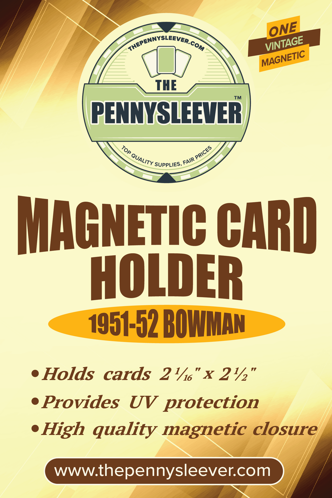 A label for a vintage magnetic card holder for 1951-52 Bowman cards with a gold magnetized closure, and text detailing the product's function and features.