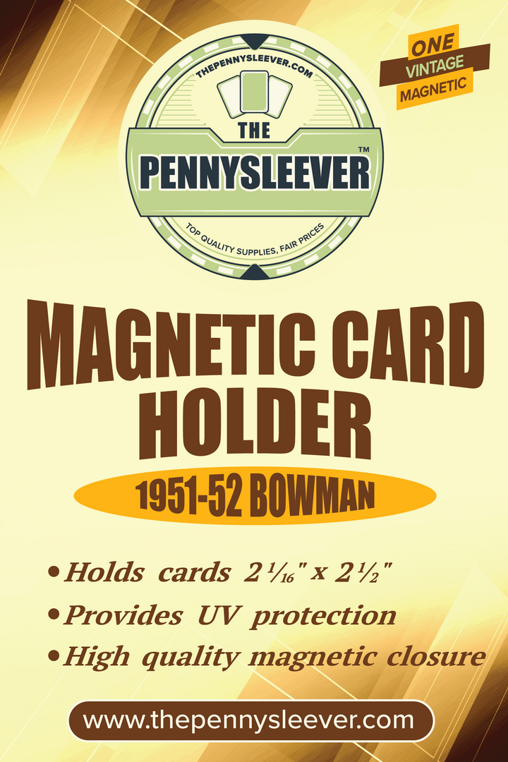 A label for a vintage magnetic card holder for 1951-52 Bowman cards with a gold magnetized closure, and text detailing the product's function and features.