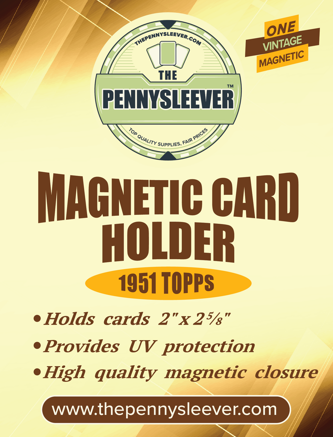 A label for a vintage magnetic card holder for 1951 Topps cards with a gold magnetized closure, and text detailing the product's function and features.