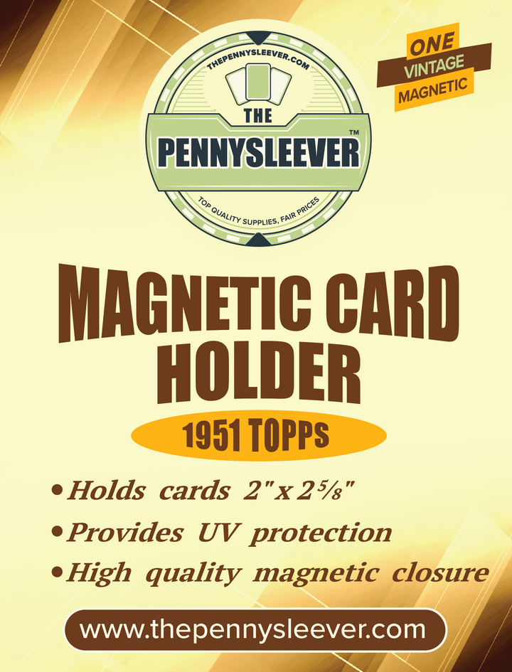 A label for a vintage magnetic card holder for 1951 Topps cards with a gold magnetized closure, and text detailing the product's function and features.