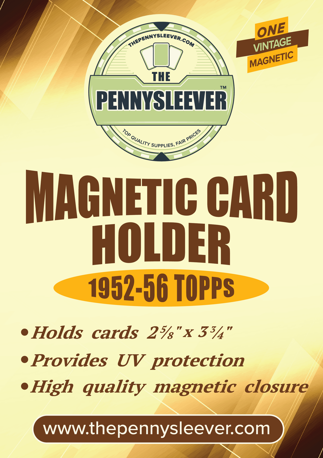 A label for a vintage magnetic card holder for 1952-56 Topps cards with a gold magnetized closure, and text detailing the product's function and features.