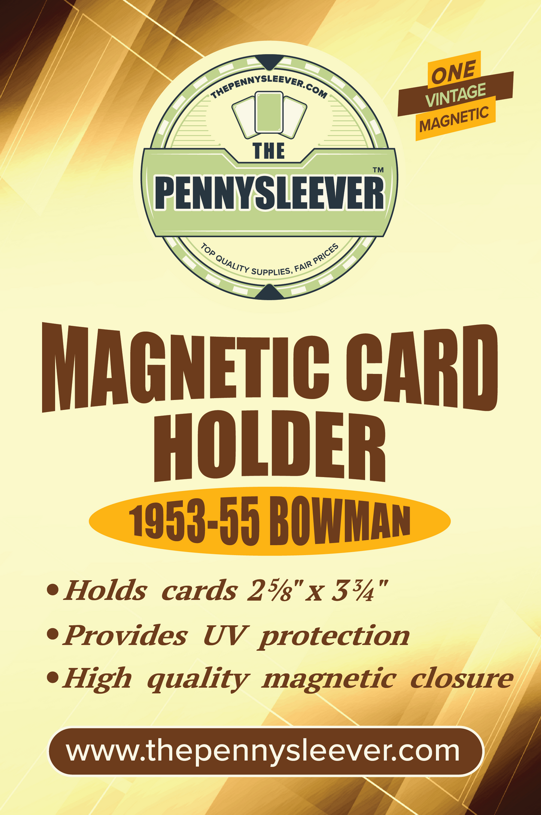 An label for a vintage magnetic card holder for 1953-53 Bowman cards with a gold magnetized closure, and text detailing the product's function and features.