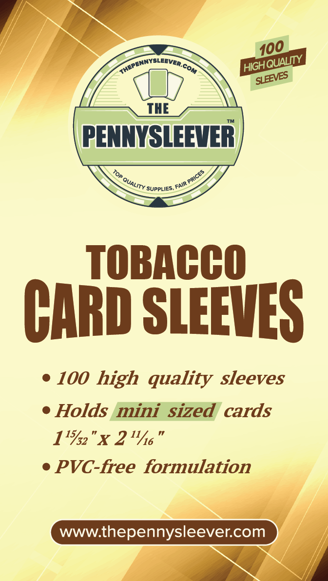 Label from a pack of 100 card sleeves designed for mini and tobacco cards.